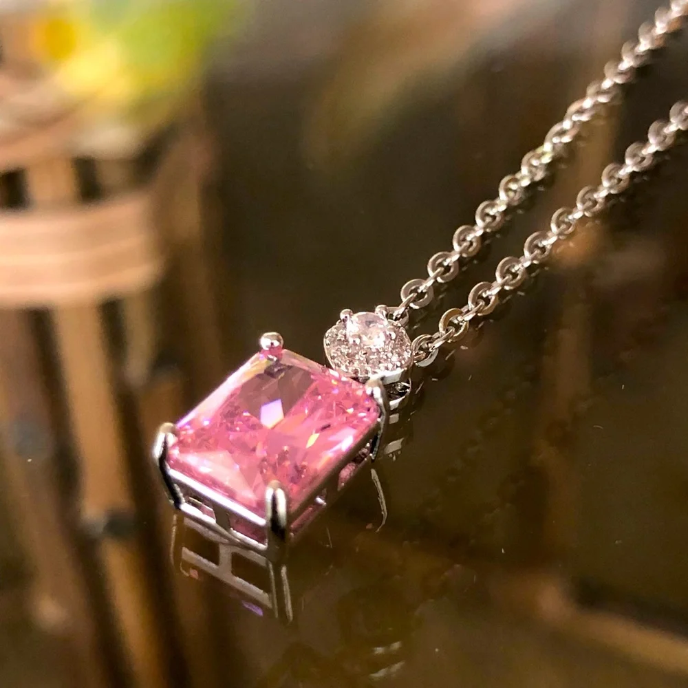 Pink Sapphire Silver CZ Pendant Necklace